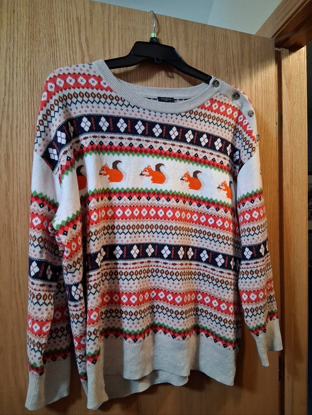 Talbots Button Shoulder Long sleeve sweater , Squirrel themed fairIsle 2X